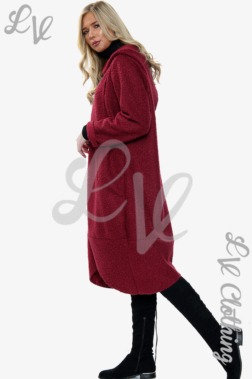 Dames Teddybeer Wollen Mix Hooded Lange Jas Bourgondië - Stukprijs €20,99