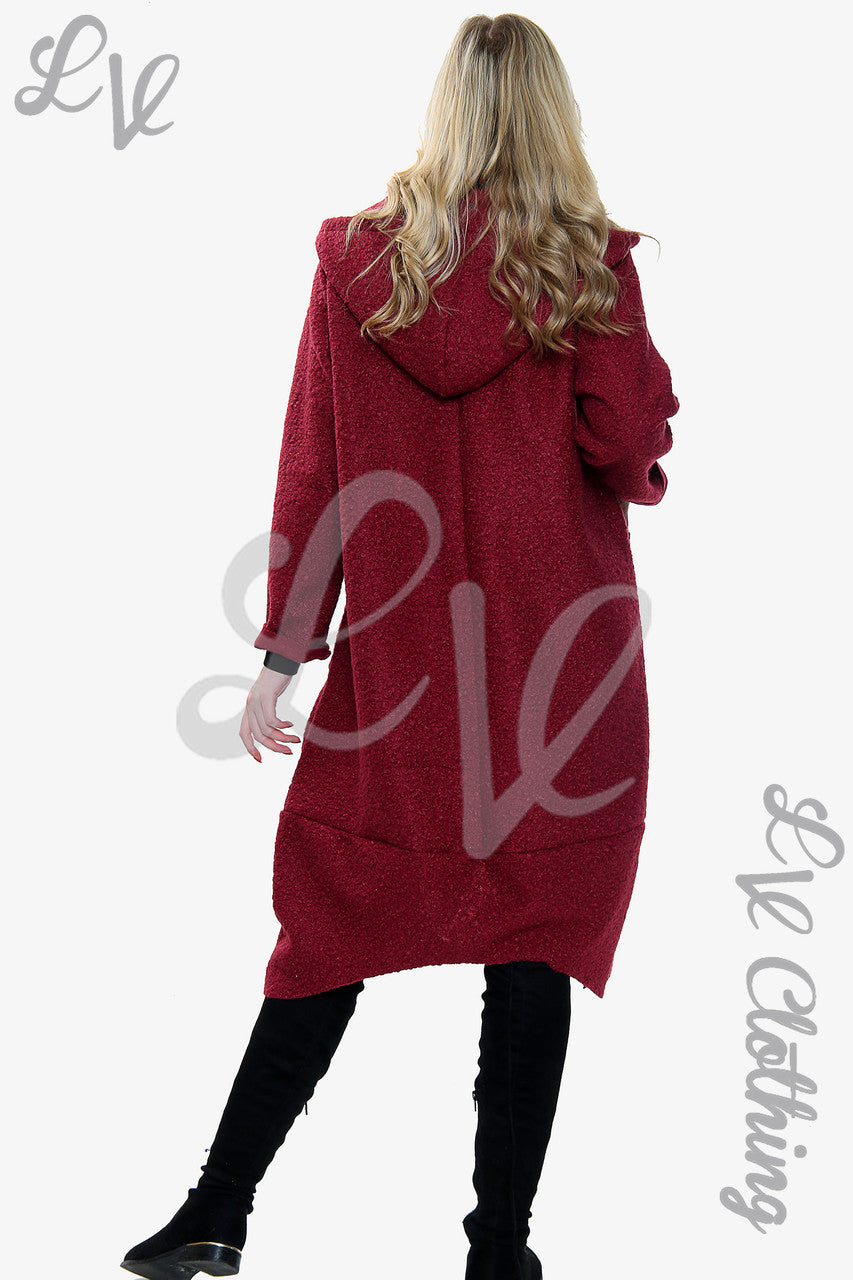 Dames Teddybeer Wollen Mix Hooded Lange Jas Bourgondië - Stukprijs €20,99