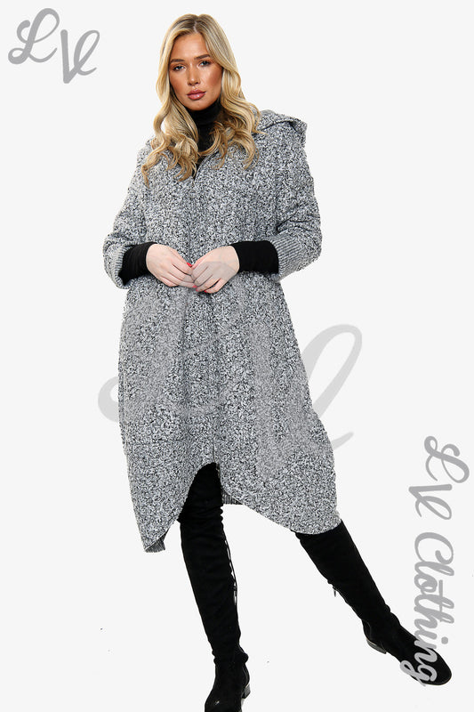 Mottled grey hooded long wool-blend jacket with teddy texture and side pockets
