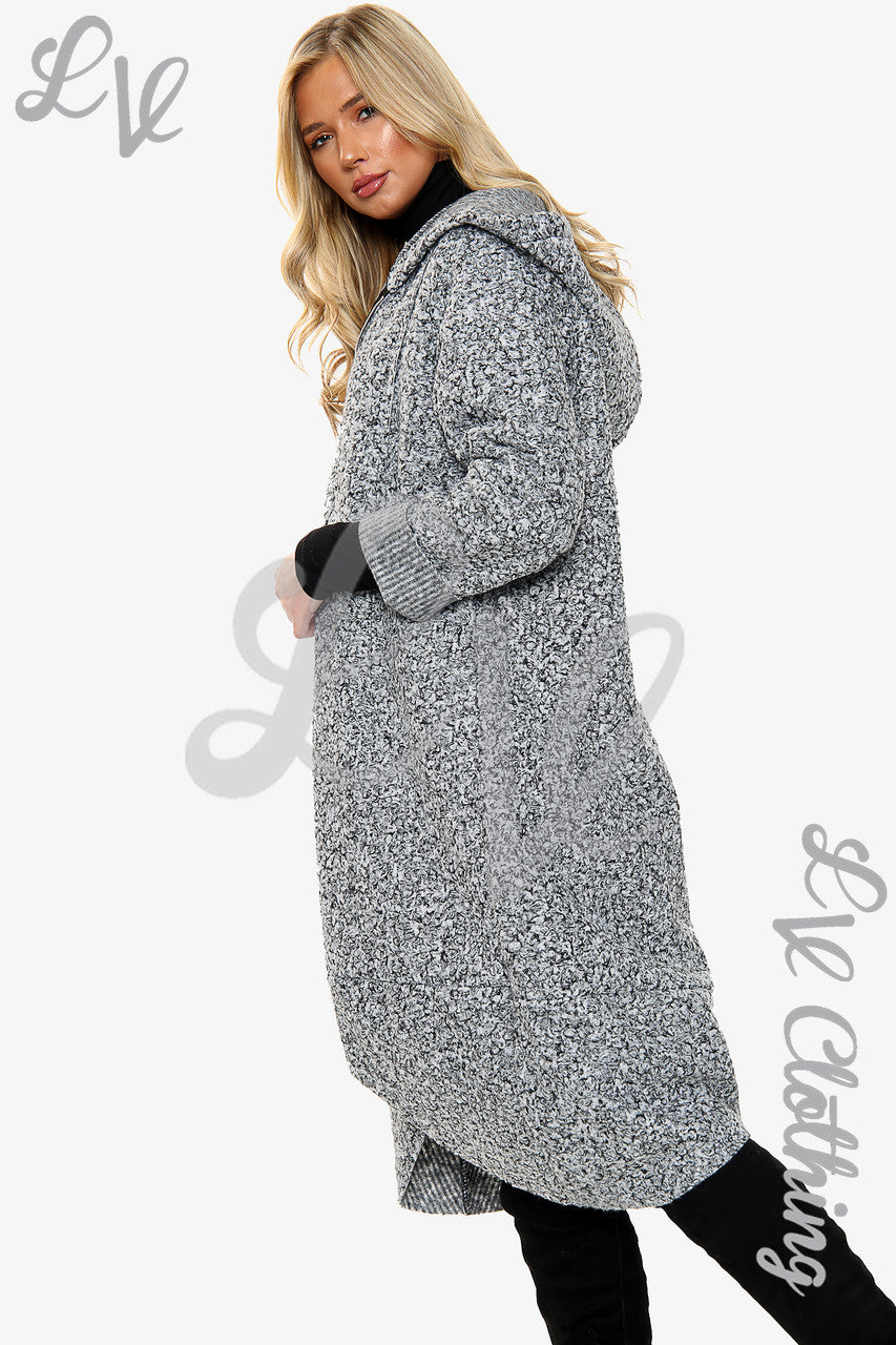 Ladies Teddy Bear Wool Blend Hooded Long Jacket Coat Mottled Grey - Unit Price £20.99