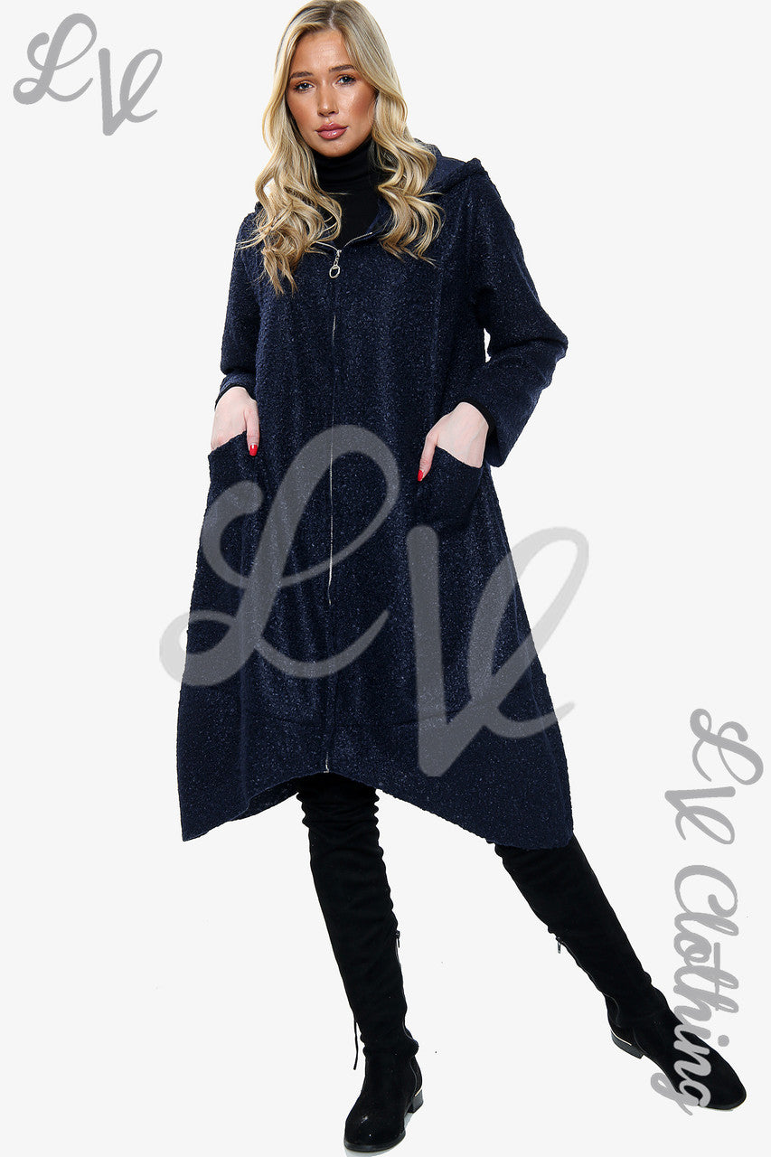 Ladies Teddy Bear Wool Blend Hooded Long Jacket Coat Navy - Unit Price £20.99