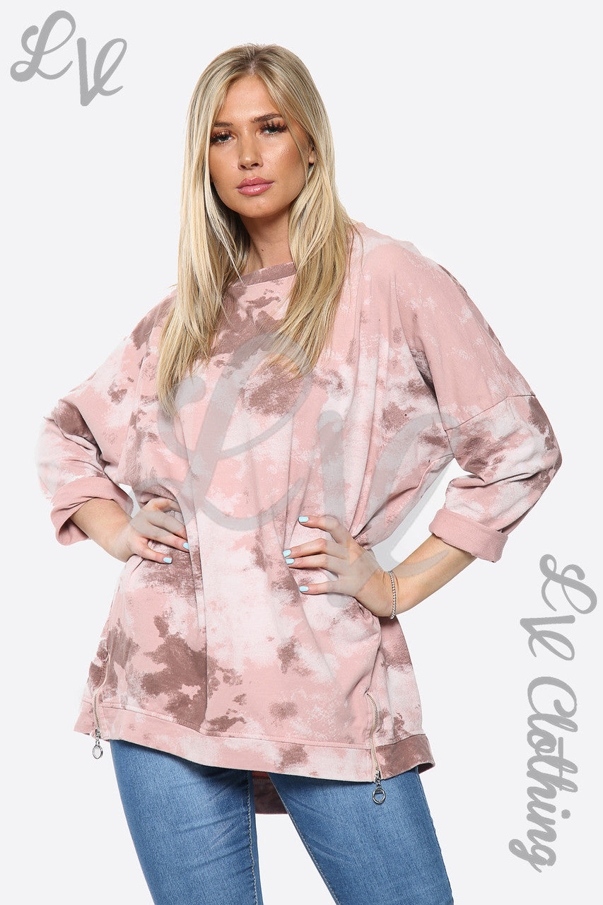 Dames Tie Dye Verfprint Top Sweatshirt Stoffig Roze Stukprijs €14,99