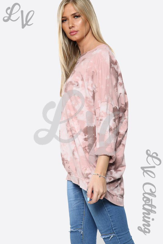 Dusty pink tie-dye paint print sweatshirt top, crew neck and long sleeves.