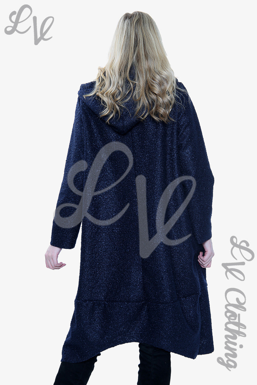 Ladies Teddy Bear Wool Blend Hooded Long Jacket Coat Navy - Unit Price £20.99