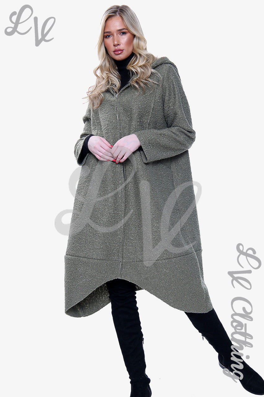 Ladies Teddy Bear Wool Blend Hooded Long Jacket Coat Khaki - Unit Price £20.99