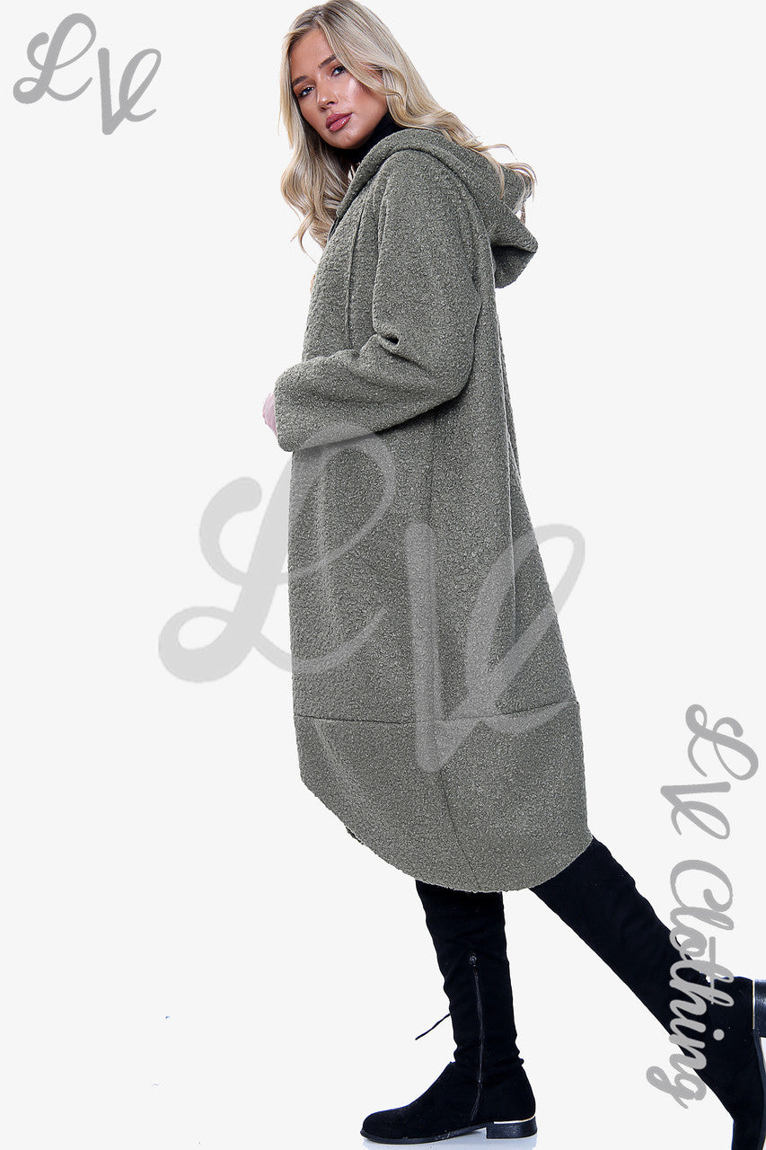 Ladies Teddy Bear Wool Blend Hooded Long Jacket Coat Khaki - Unit Price £20.99