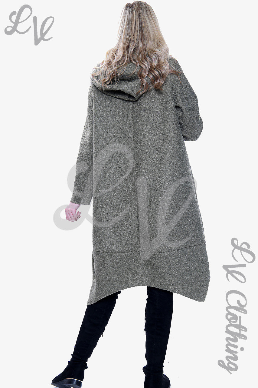 Ladies Teddy Bear Wool Blend Hooded Long Jacket Coat Khaki - Unit Price £20.99