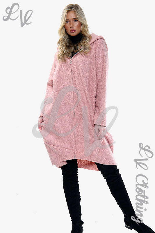Pink teddy fleece hooded long jacket coat with front zipper