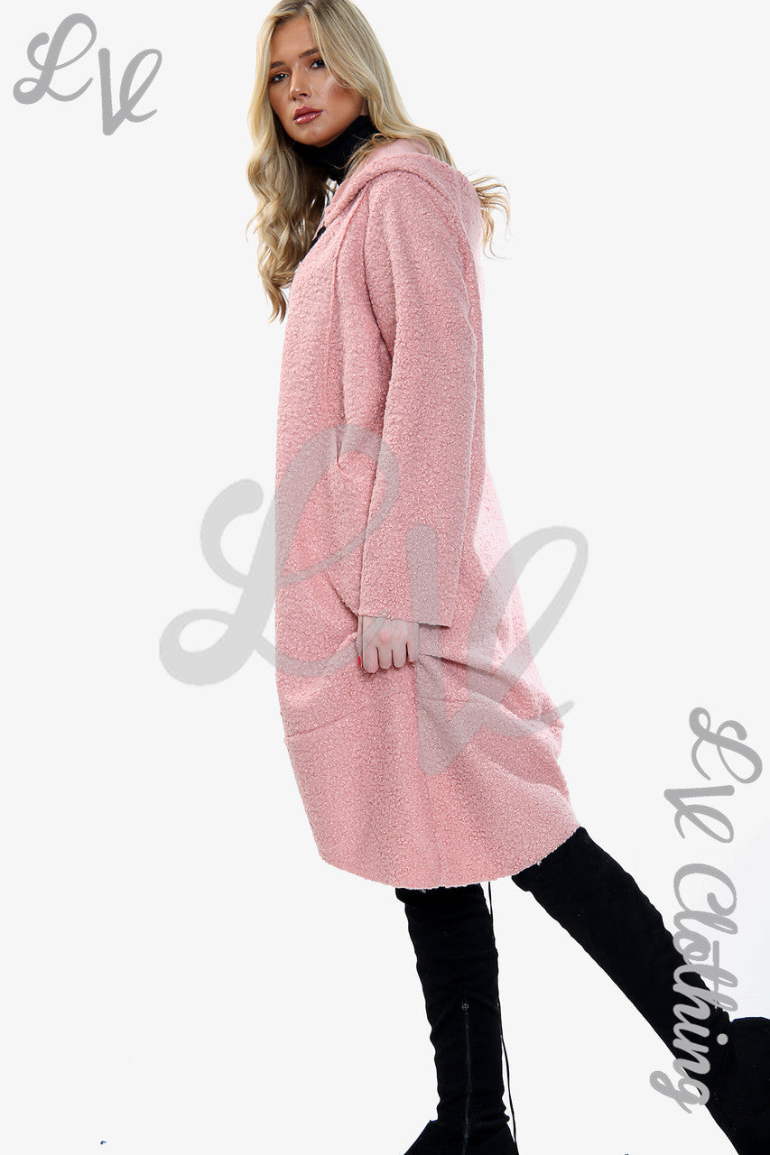 Dames Teddybeer Wollen Mix Lange Jas met Capuchon Roze - Stukprijs € 20,99