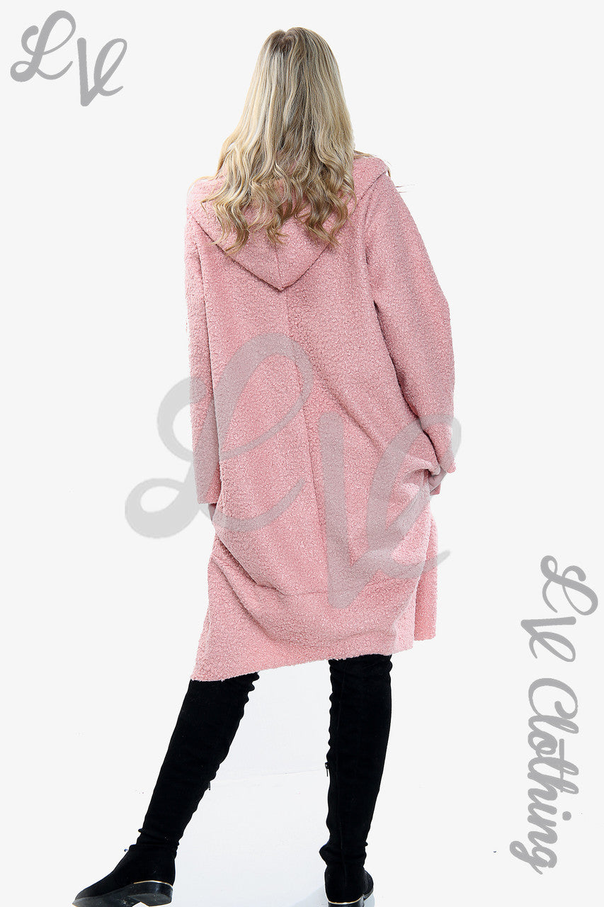 Dames Teddybeer Wollen Mix Lange Jas met Capuchon Roze - Stukprijs € 20,99