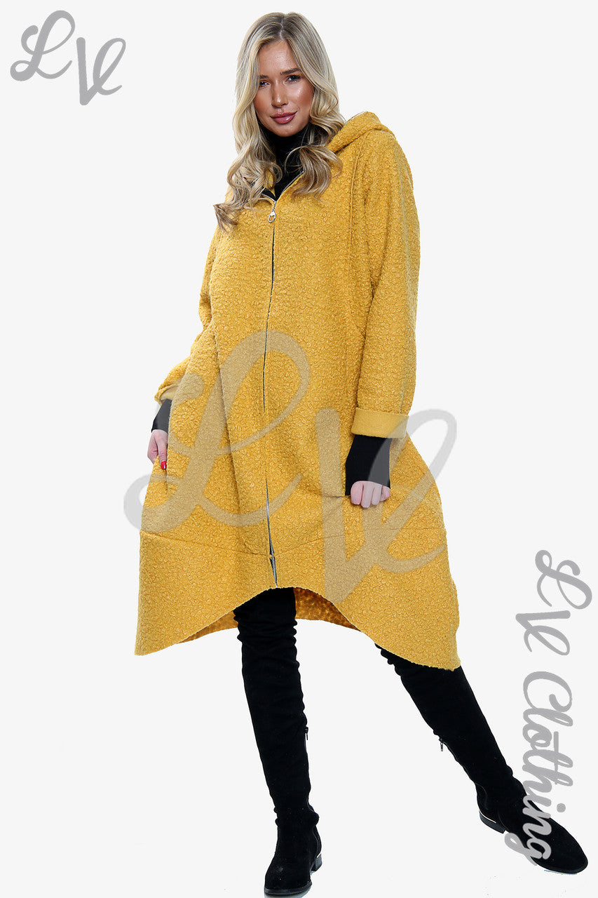 Dames Teddybeer Wollen Mix Hooded Lange Jas Mosterd - Eenheidsprijs €20,99