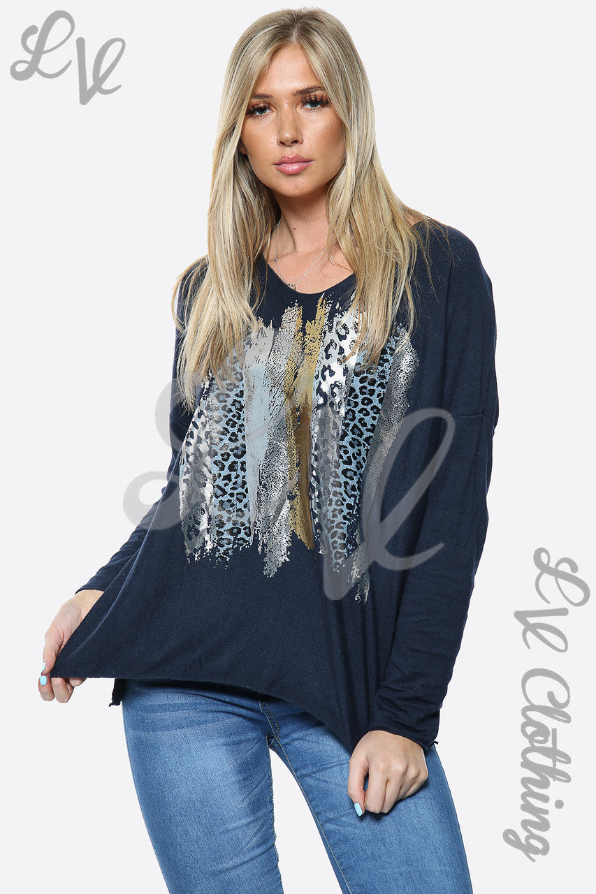 Dames Trui met luipaardfolieprint Navy Stukprijs € 10,99