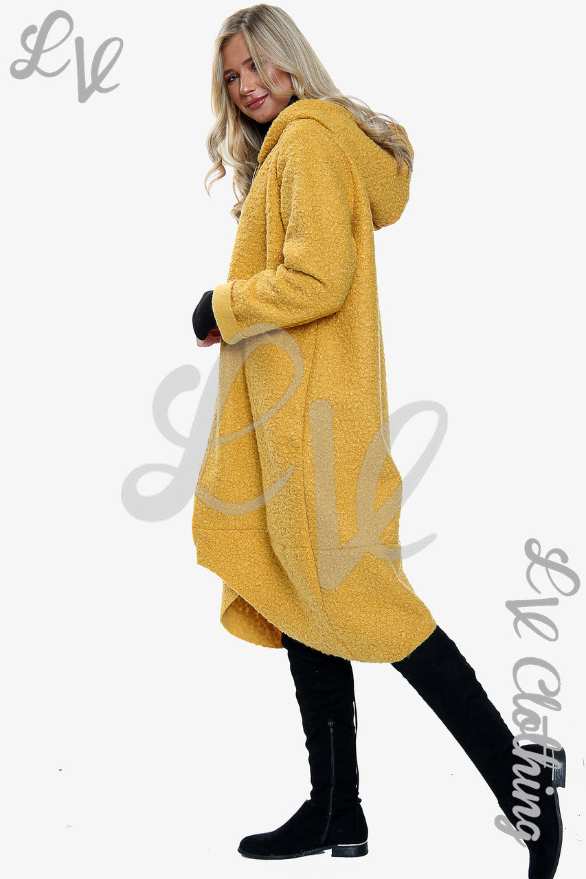 Dames Teddybeer Wollen Mix Hooded Lange Jas Mosterd - Eenheidsprijs €20,99