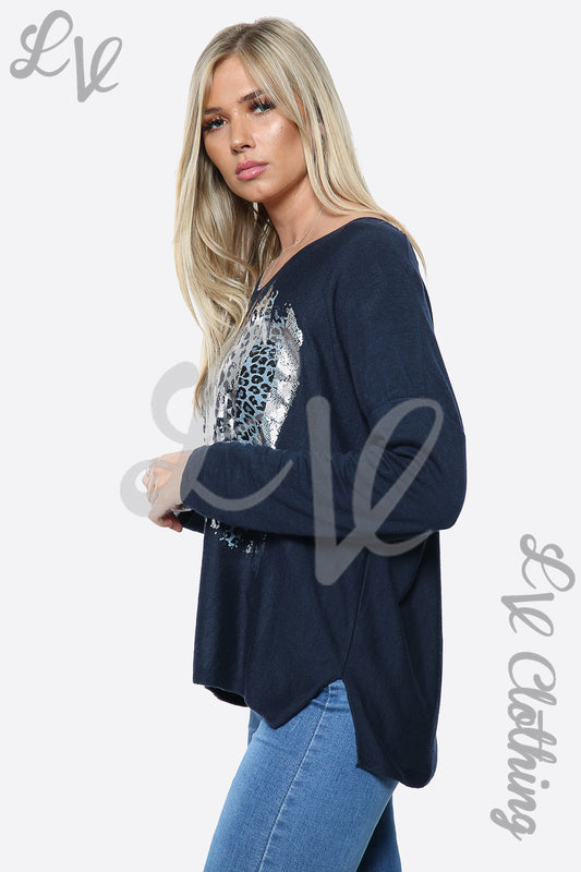 Navy long-sleeve jumper with large leopard foil paint print front detail