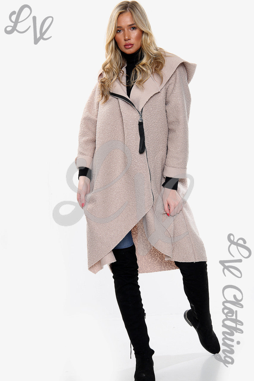 Dames Teddybeer Wollen Mix Hooded Lange Jas Steenkleur - Stukprijs €20,99