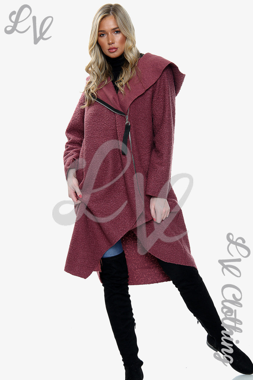 Dames Teddybeer Wollen Mix Hooded Lange Jas Donkerroze - Stukprijs €20,99