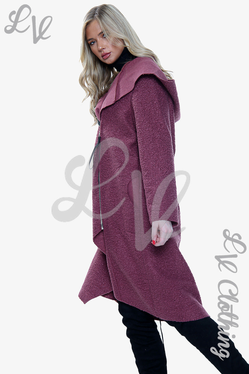 Dames Teddybeer Wollen Mix Hooded Lange Jas Donkerroze - Stukprijs €20,99