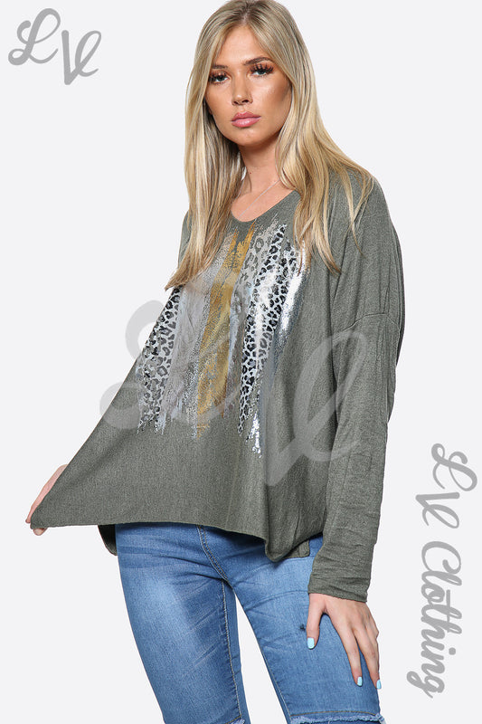 Ladies olive jumper with leopard foil paint print, long sleeves, relaxed fit