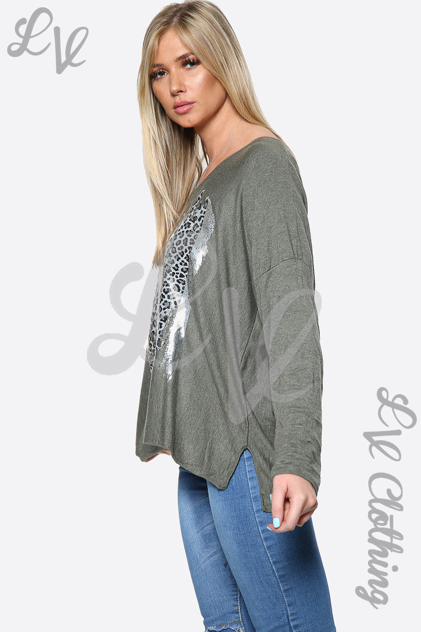 Dames Trui met Luipaardfolieprint Khaki Stukprijs € 10,99