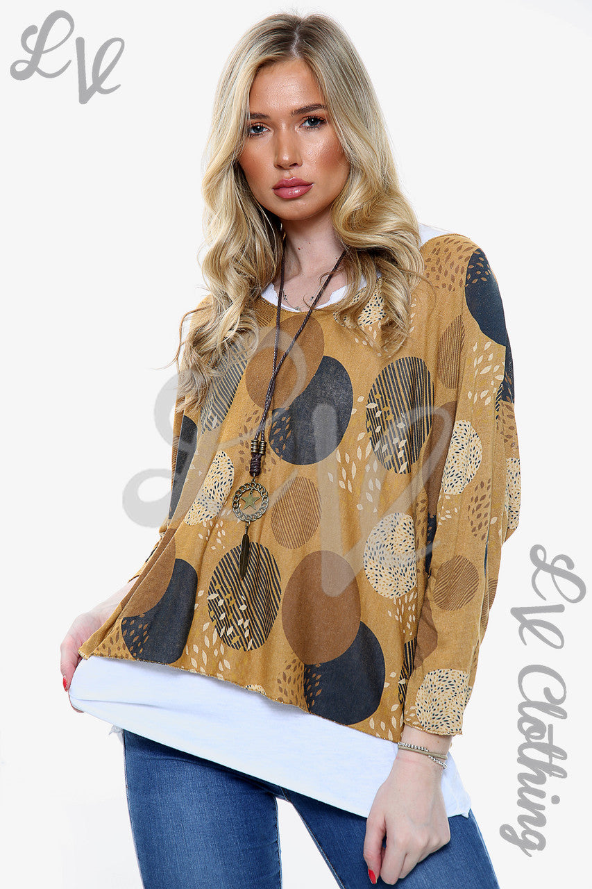 Ladies Two Layered Circle Print Necklace Top Mustard Unit Price £11.99