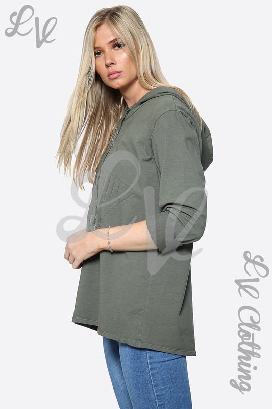 Ladies hooded pullover top in dark khaki, elbow-length sleeves