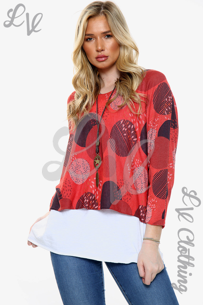 Ladies Two Layered Circle Print Necklace Top Red Unit Price £11.99