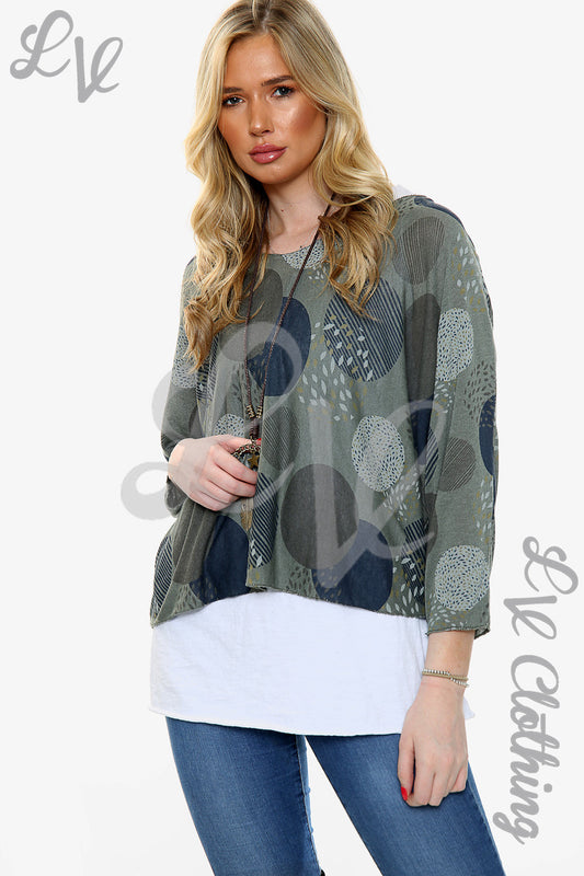 Khaki long-sleeve top with large circle print and two-layer white hem