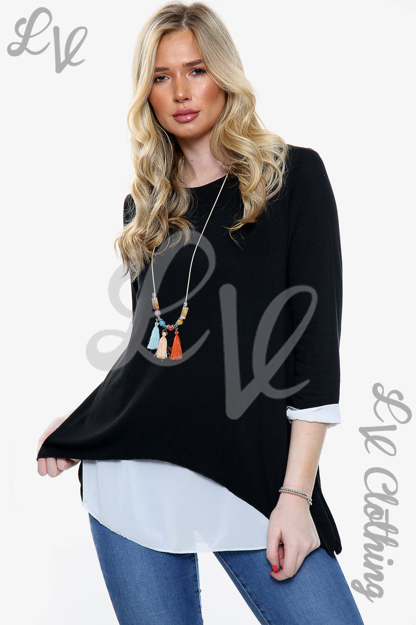 Dames dubbellaags overhemd top stoffig zwart - Eenheidsprijs €11,99
