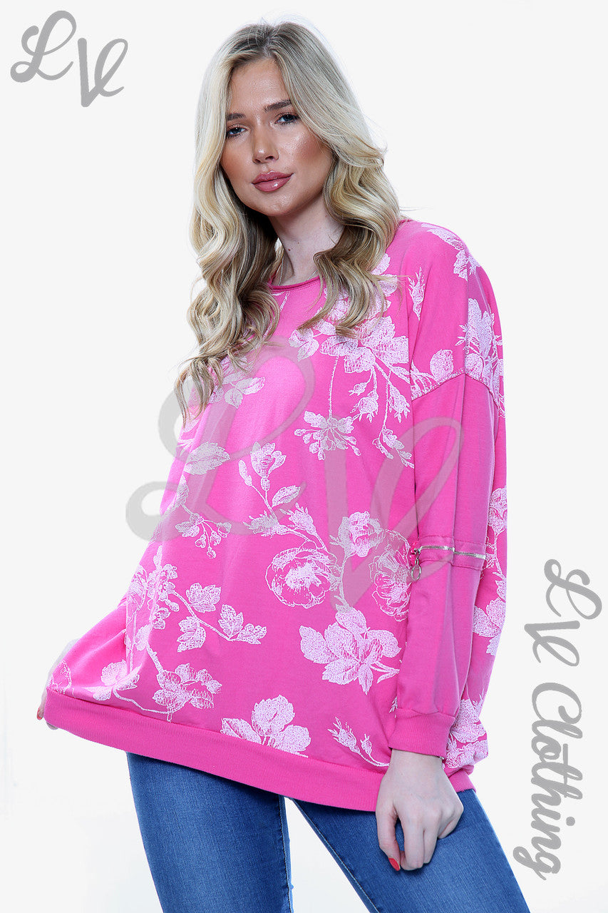 Dames Trui met Bloemenprint en Ritssluiting op Mouw Cerise - Stukprijs €9.99