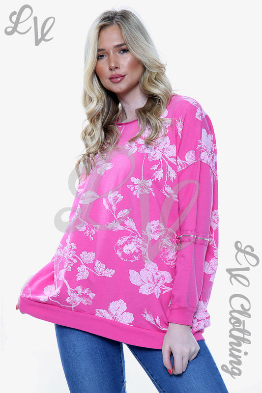 Ladies Floral Print Jumper With Zip Sleeve Detail Cerise - Unit Price £9.99