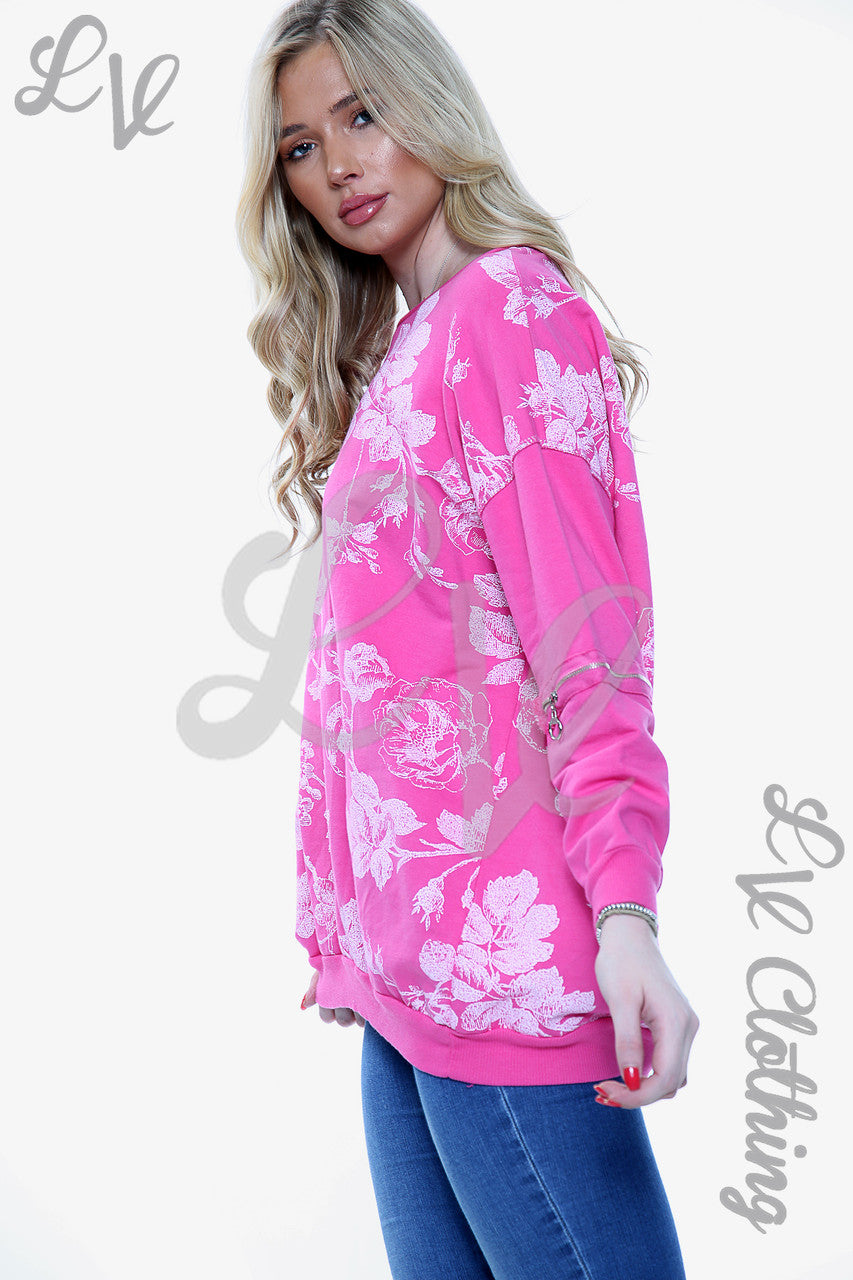 Dames Trui met Bloemenprint en Ritssluiting op Mouw Cerise - Stukprijs €9.99
