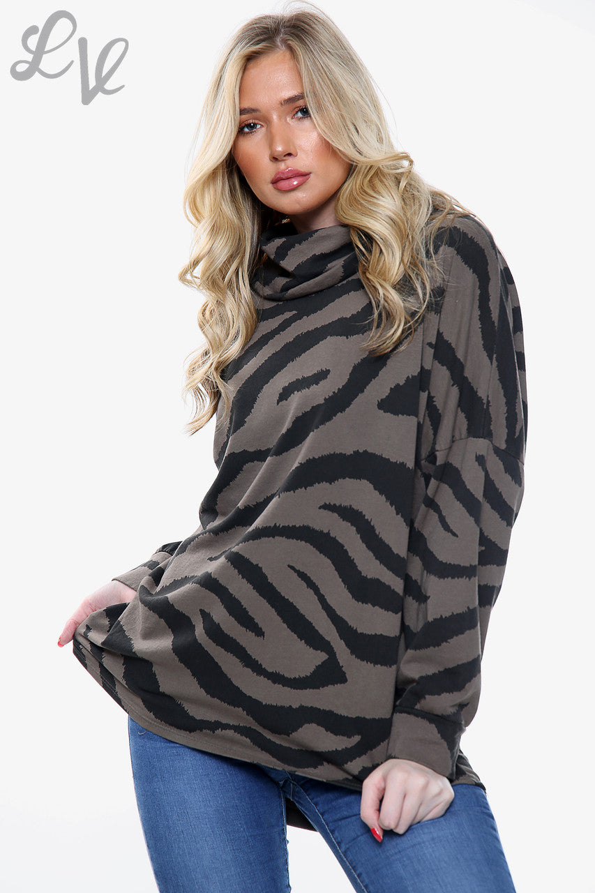 Ladies Zebra Print Cowl Neck Top Taupe - Unit Price £12.99