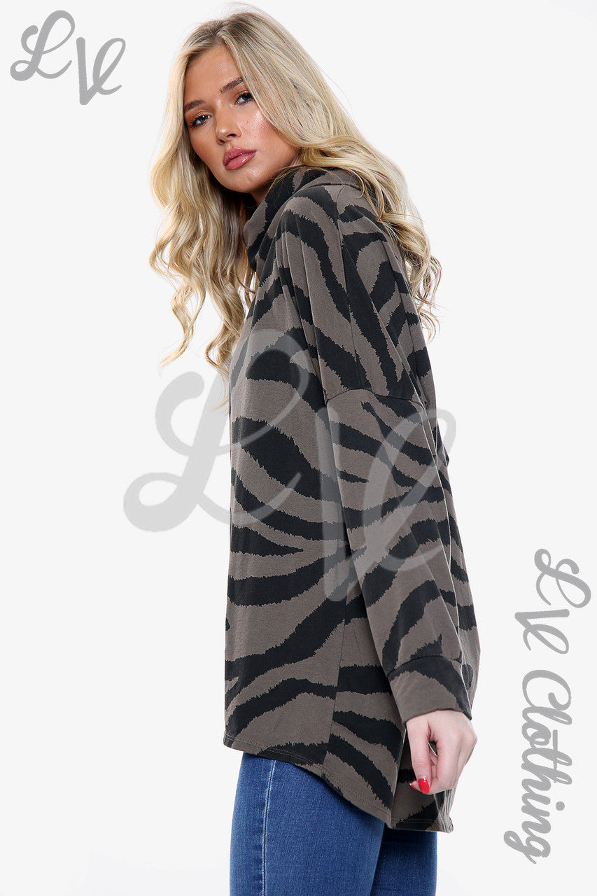 Ladies Zebra Print Cowl Neck Top Taupe - Unit Price £12.99