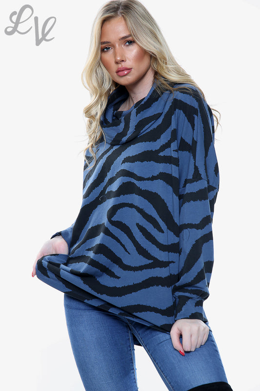 Ladies Zebra Print Cowl Neck Top Denim - Unit Price £12.99