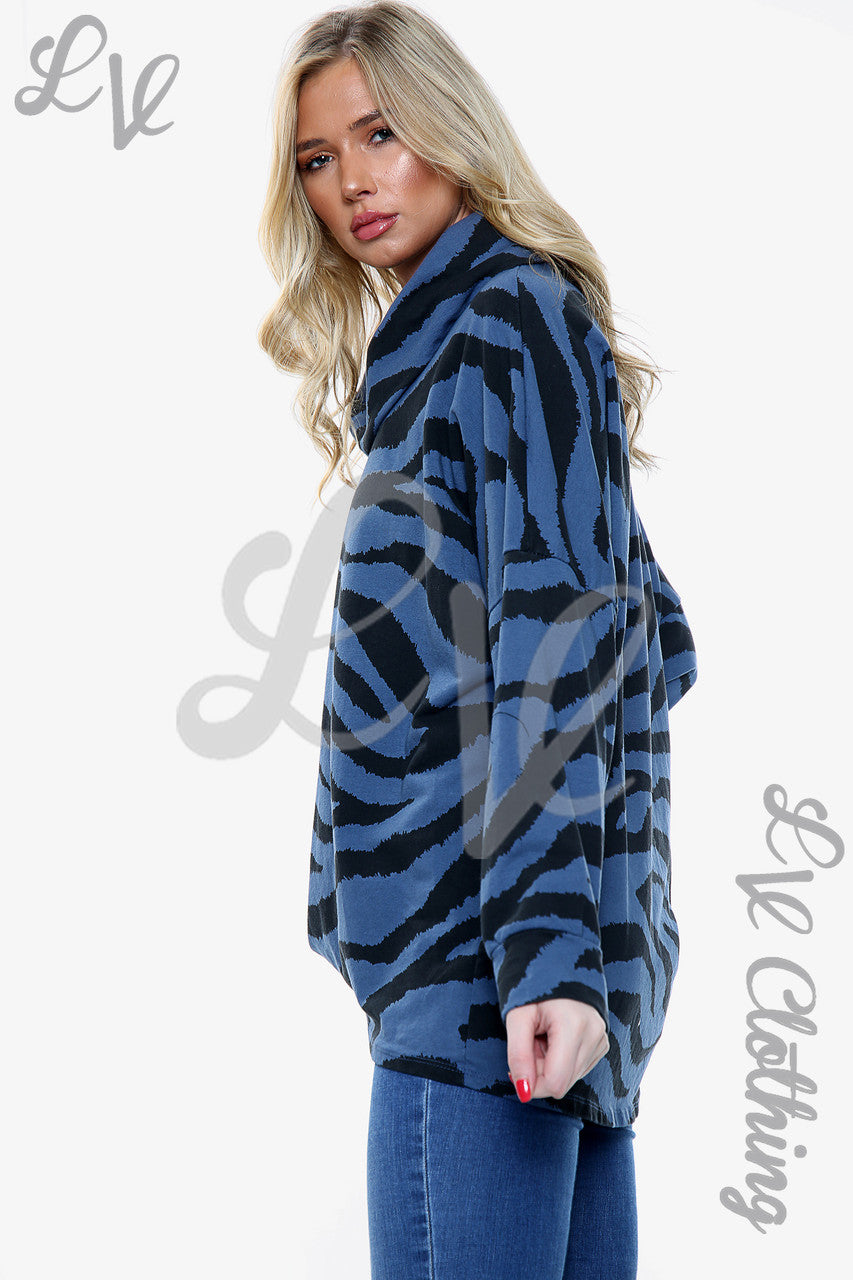 Ladies Zebra Print Cowl Neck Top Denim - Unit Price £12.99