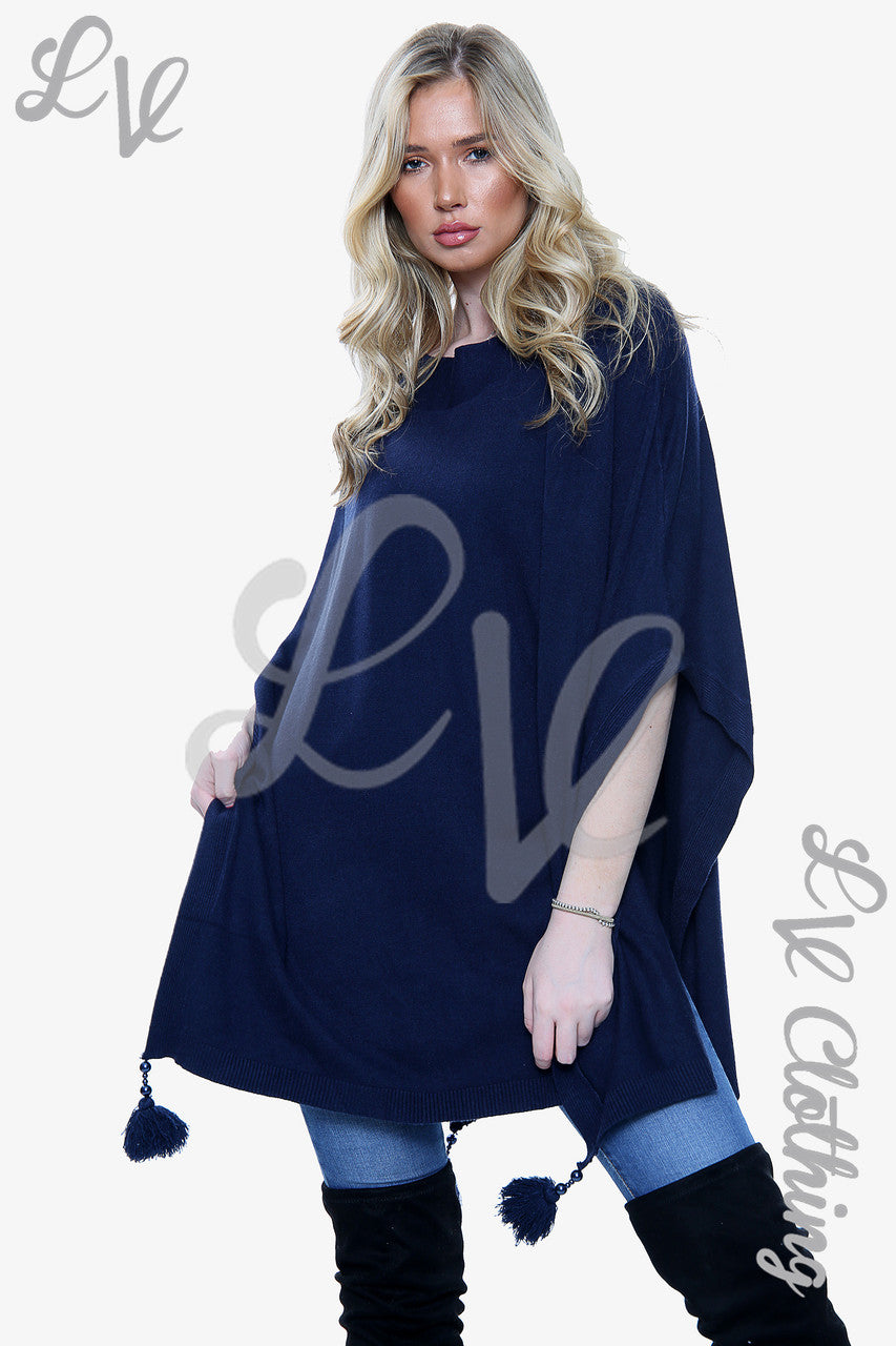 Dames Poncho/Trui met Kwastjes & Pompons Navy - Stukprijs €15,99
