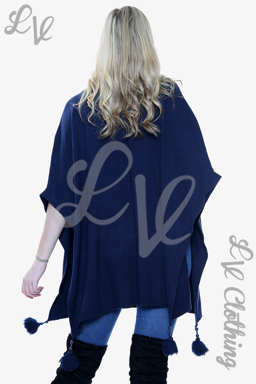 Dames Poncho/Trui met Kwastjes & Pompons Navy - Stukprijs €15,99