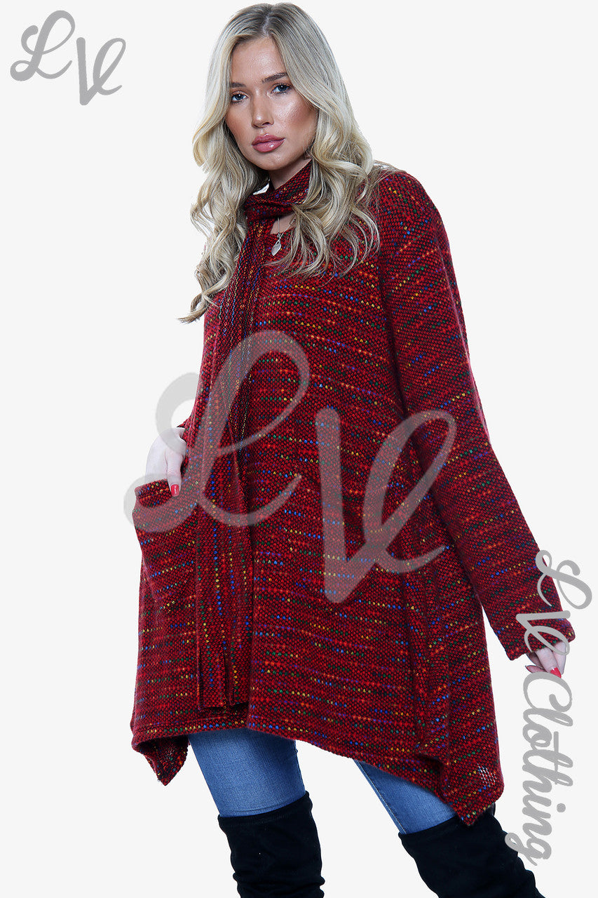 Dames Veelkleurige Gebreide Tuniek Trui Met Sjaal Bordeaux Rood £12.99£13.99