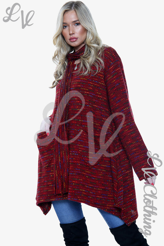 Burgundy multicoloured knitted tunic jumper with attached scarf, long sleeves