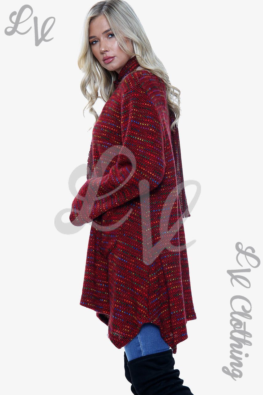 Dames Veelkleurige Gebreide Tuniek Trui Met Sjaal Bordeaux Rood £12.99£13.99