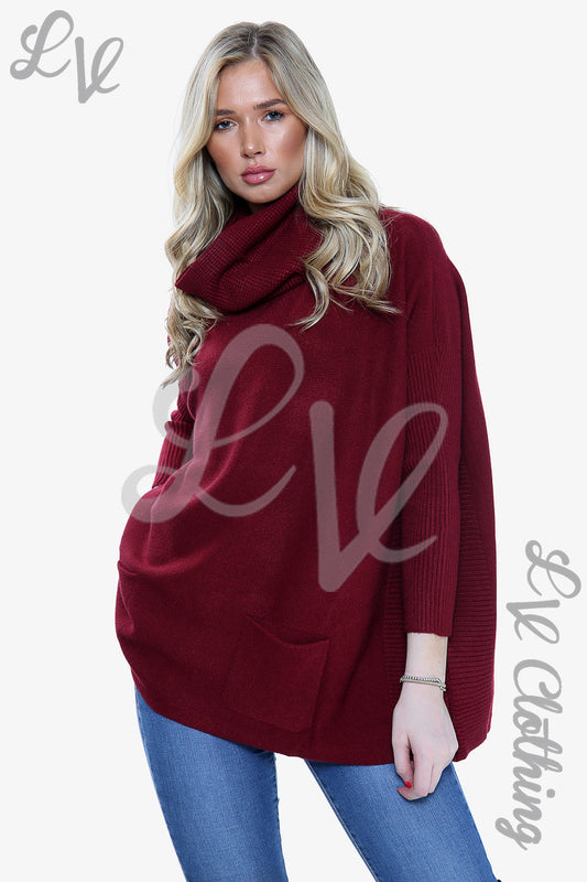 Women’s burgundy knit jumper with detachable cowl snood, front view