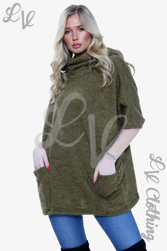 Women's cowl-neck jumper with front pocket, dark olive knit, long sleeves