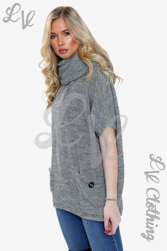Silver cowl neck jumper with front pocket and short sleeves, textured knit top
