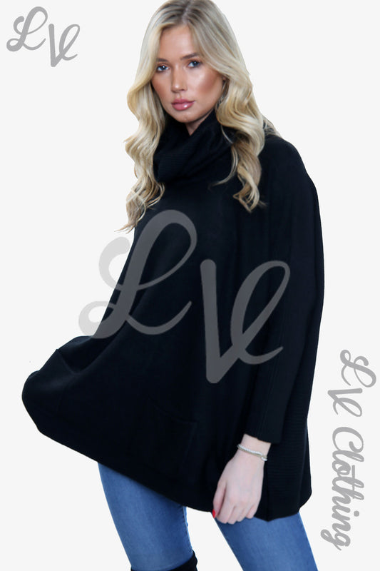 Black cowl-neck snood jumper with wide drape neckline and long sleeves