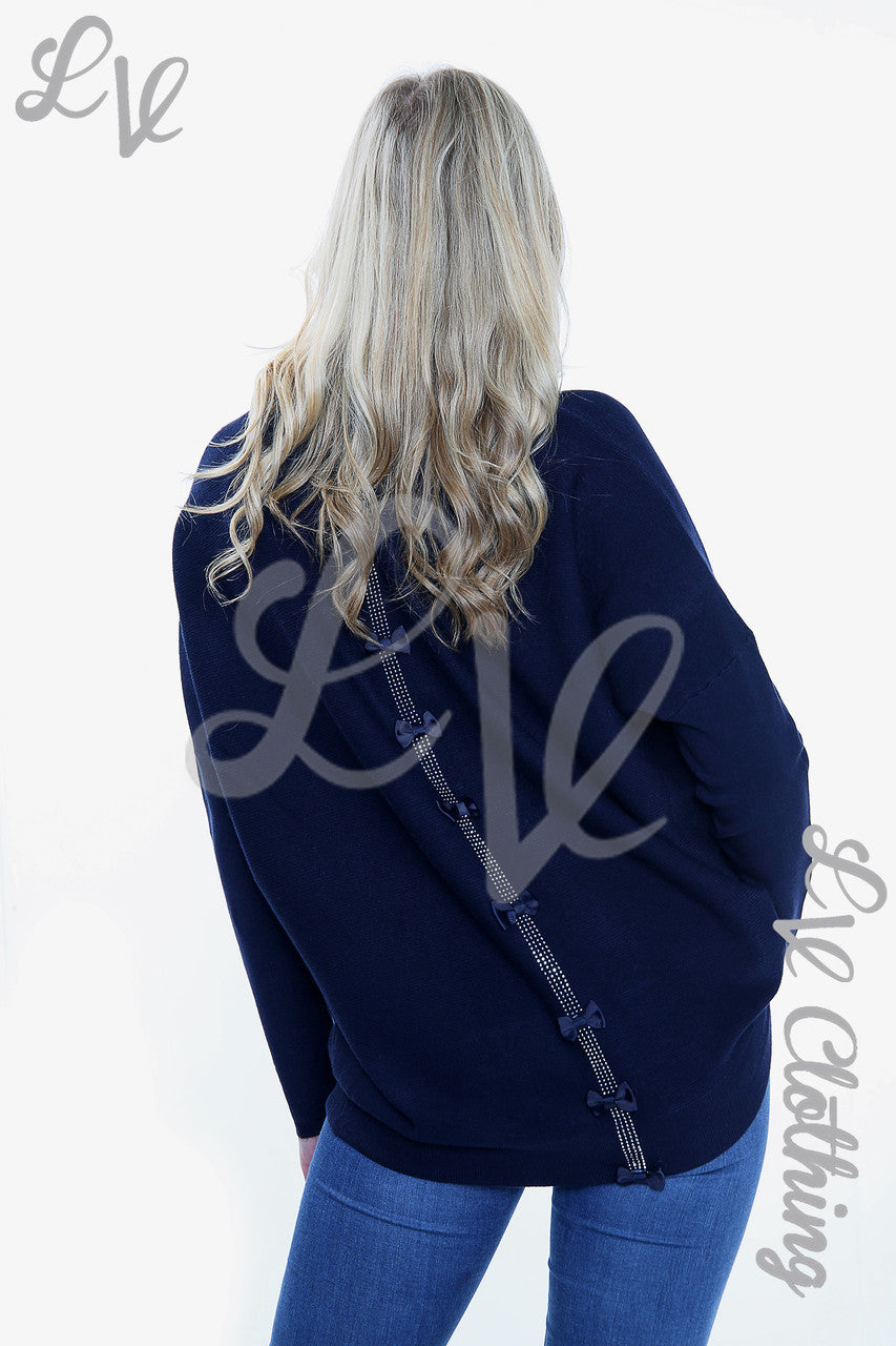 Dames Sequin Diamante Trui met Strik Detail op de Rug Navy - Stukprijs €20,99