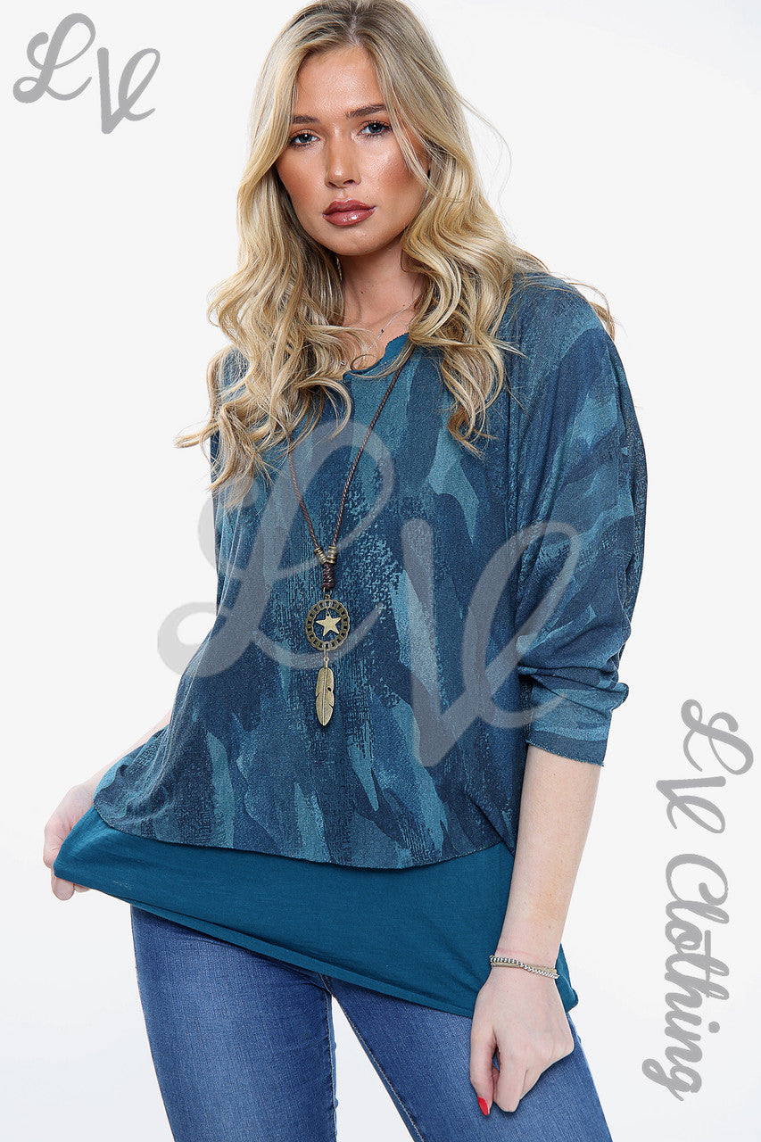 Ladies Two Layered Paint Print Necklace Top Teal Unit Price £11.99