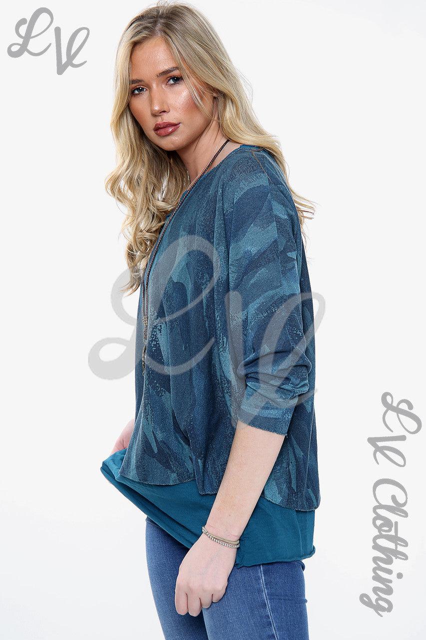 Ladies Two Layered Paint Print Necklace Top Teal Unit Price £11.99
