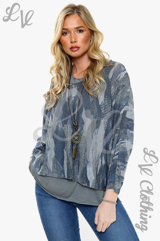 Two-layer paint print necklace top in blue-gray, long sleeves, star charm at neckline