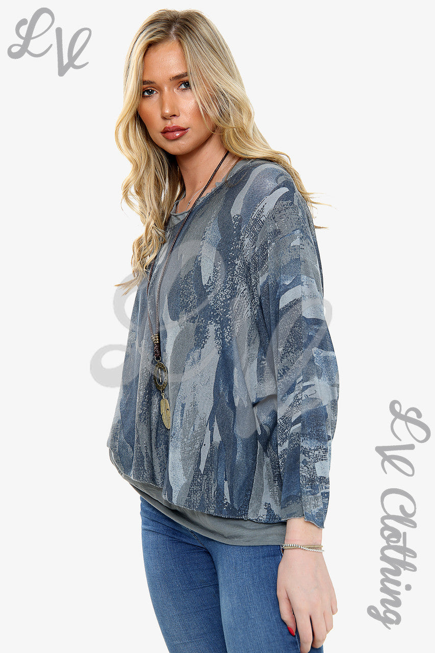 Ladies Two Layered Paint Print Necklace Top Grey Unit Price £11.99