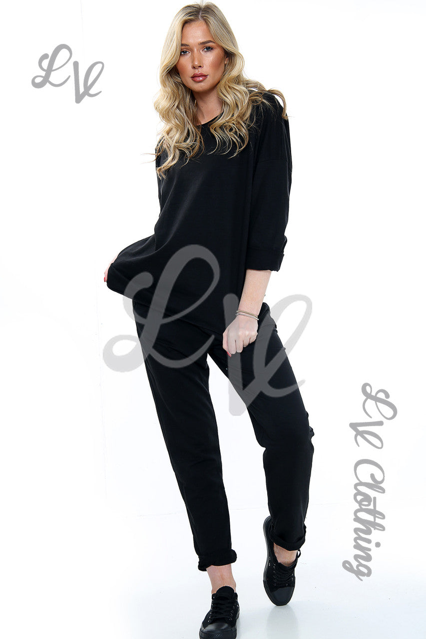 Dames Effen Tweedelig Co-ord Set Zwart Stukprijs €27,99